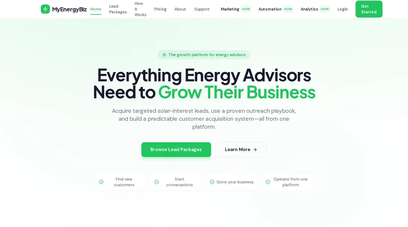 MyEnergyBiz homepage presenting the lead marketplace platform for energy advisors
