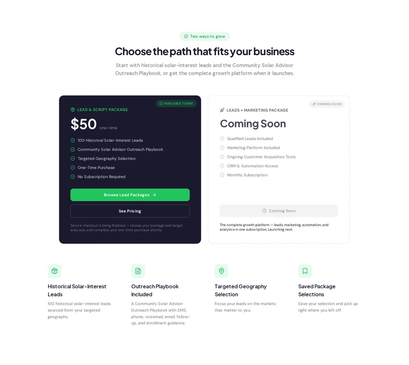 The MyEnergyBiz package architecture: the $50 one-time Lead and Script Package marked available today beside a Leads plus Marketing subscription card marked Coming Soon, with four supporting capability notes beneath.