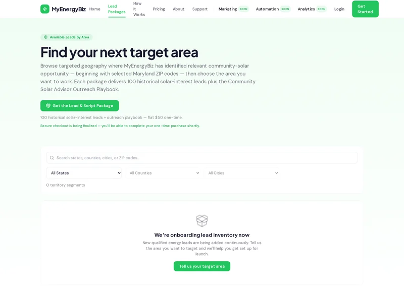 MyEnergyBiz geographic marketplace interface for filtering lead inventory by state, county, city, and ZIP code