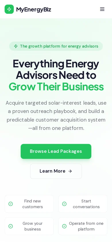 Mobile version of the MyEnergyBiz platform homepage