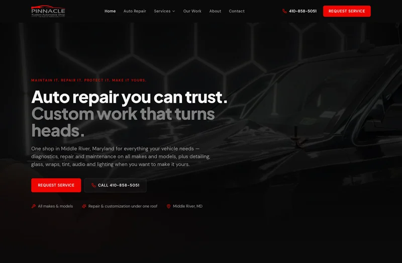Pinnacle Kustom Automotive homepage showing repair-first positioning and customization services