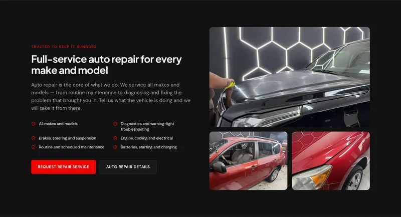 Pinnacle Kustom Automotive website section presenting auto repair and maintenance services as a core business function