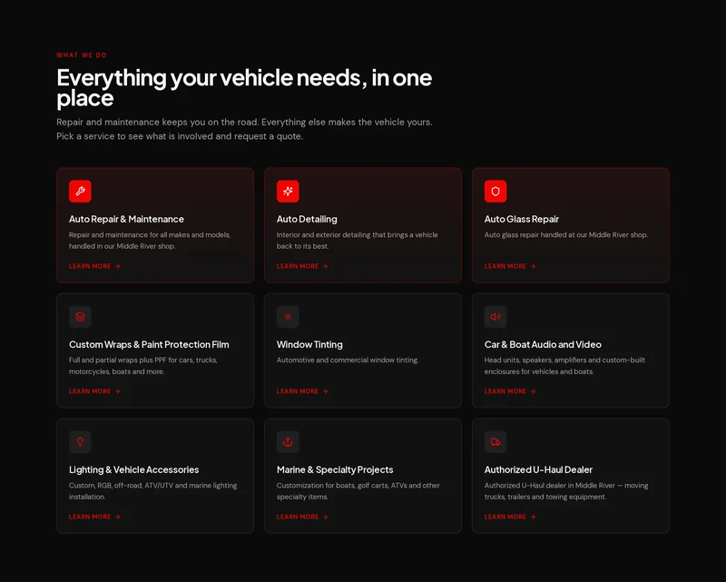 Pinnacle Kustom Automotive website service architecture showing nine automotive service categories