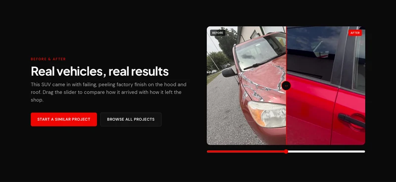 The before and after comparison on the live Pinnacle website: a red SUV with failing, peeling factory finish on one side of a draggable divider and the same vehicle refinished on the other.