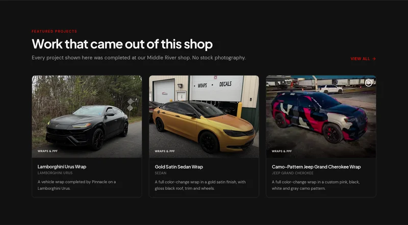 Pinnacle Kustom Automotive featured projects section showing real completed vehicle customization work