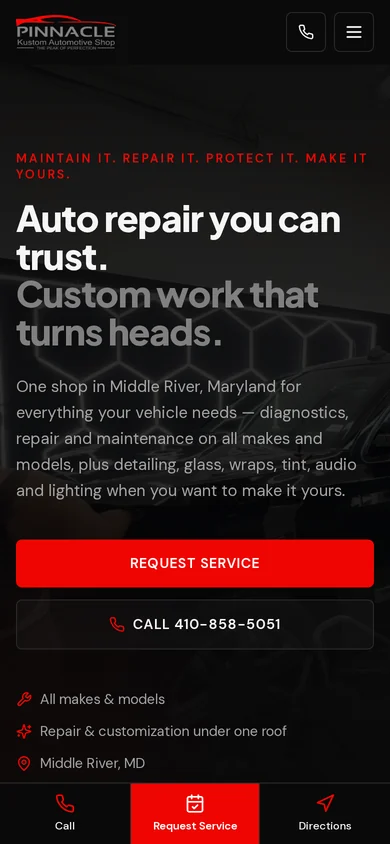 Mobile version of the Pinnacle Kustom Automotive homepage with service and contact calls to action